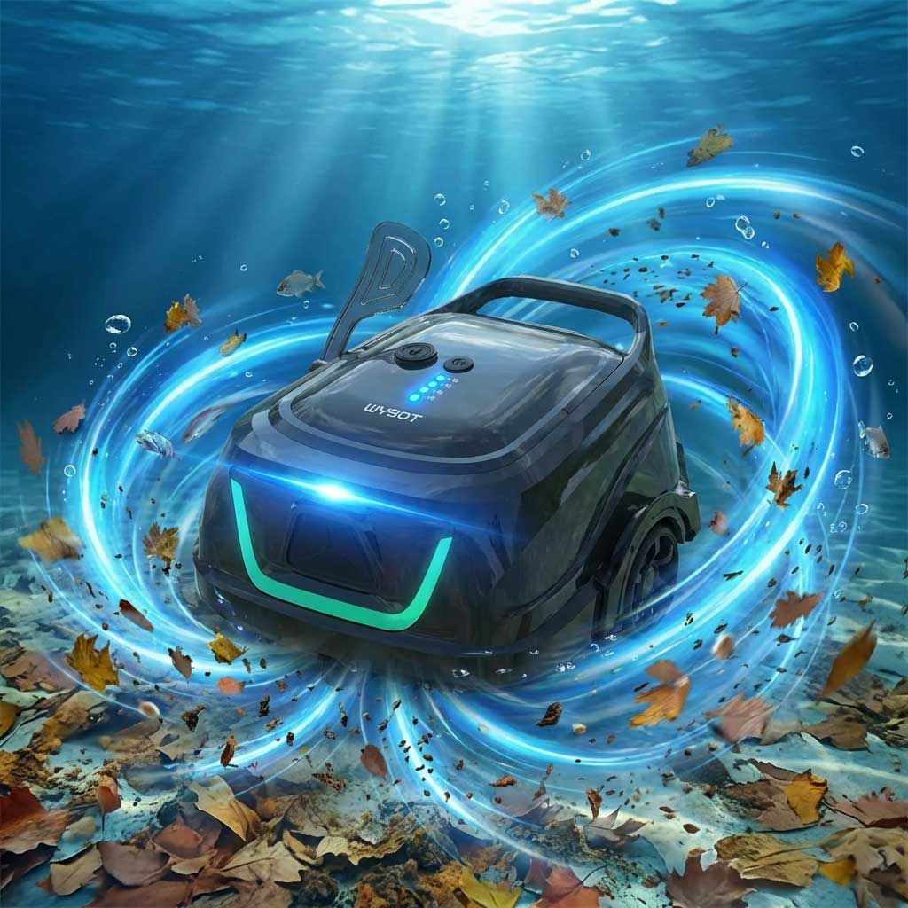 Automatisierter Poolreiniger, der unter Wasser mit wirbelnden Wassereffekten arbeitet.