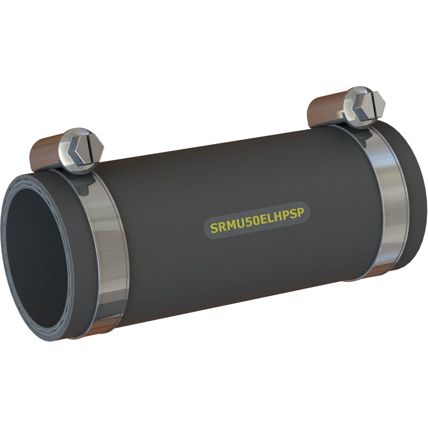 Nahaufnahme eines schwarzen Industrieschlauchs SRMU50ELHPSP mit zwei Metallklemmen für eine sichere Verbindung.