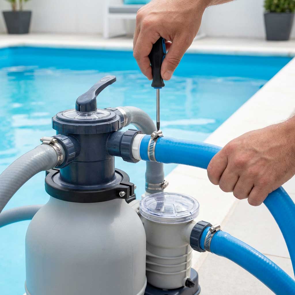 Hände befestigen mit einem Schraubenzieher eine Schlauchklemme an einem Poolfiltersystem neben einem Pool.