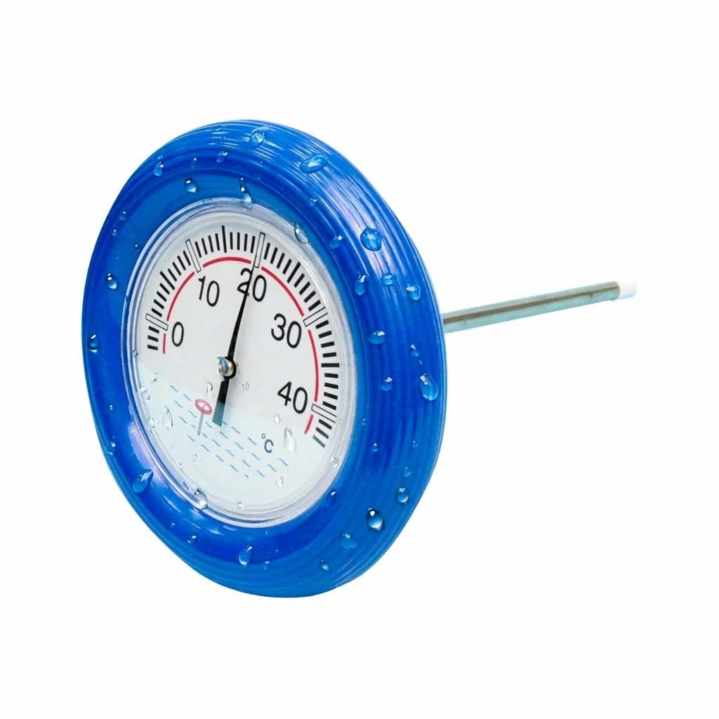 Poolthermometer mit blauem Gehäuse und Wassertropfen auf der Oberfläche.