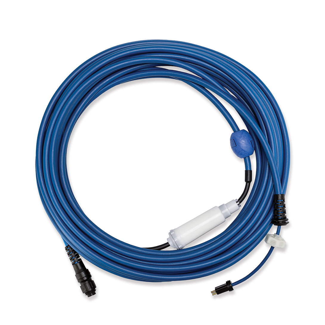 Blaues Netzkabel für Poolreiniger mit integriertem Stecker und schwimmender Bojenkomponente.