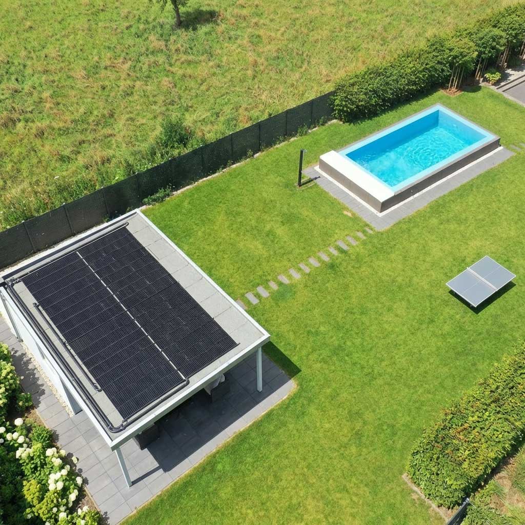Luftaufnahme eines rechteckigen Pools und eines Gebäudes mit Sonnenkollektoren auf dem Dach in einem Hinterhof.