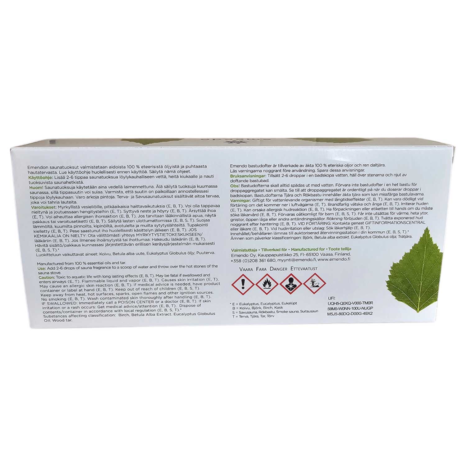 Eine rechteckige Produktverpackung mit aufgedruckten Sicherheitshinweisen und Warnsymbolen auf der Rückseite.