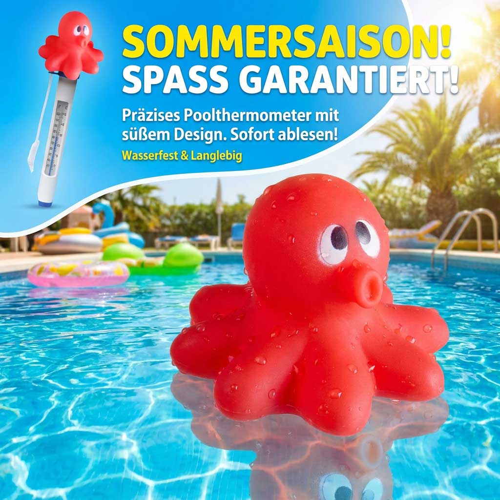 Schwimmendes Oktopus-Poolthermometer in klarem Wasser.
