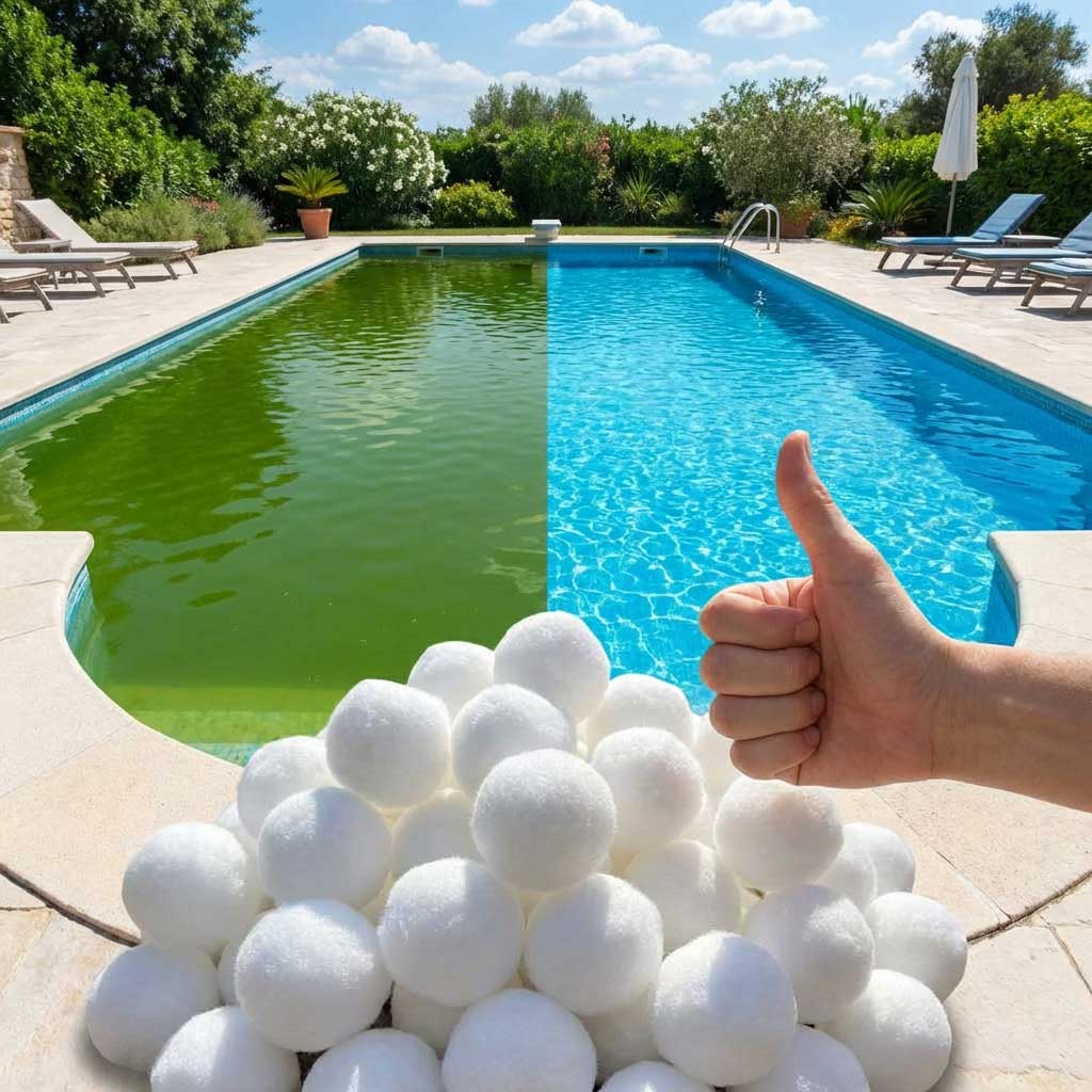 Ein rechteckiger Pool, halb mit grünem, trübem Wasser und halb mit klarem, blauem Wasser, mit Filterbällen und einem Daumen hoch.