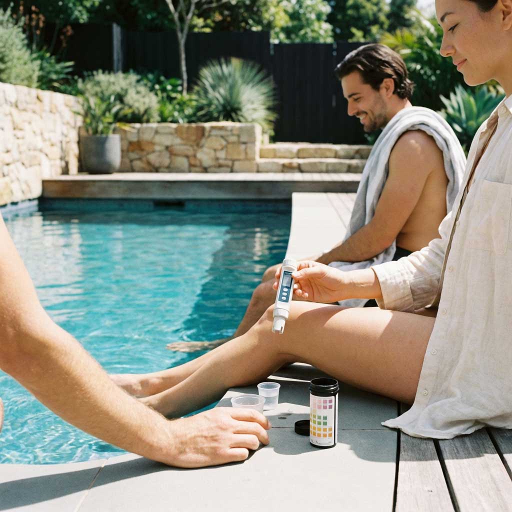 Menschen überprüfen mit einem digitalen Messgerät und Teststreifen die Wasserqualität eines Schwimmbades.