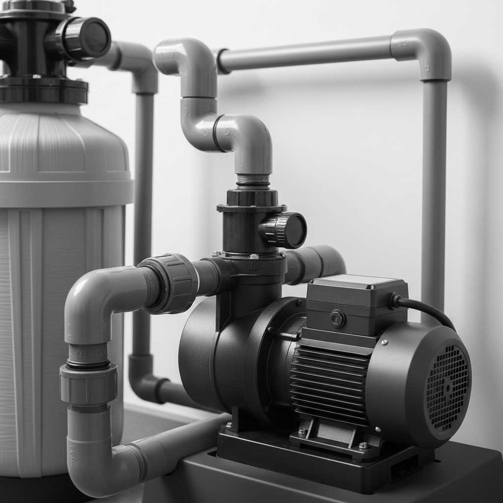 Bild eines Wasserpumpensystems, einschließlich Filtergehäuse, Motor und PVC-Rohrkonfiguration.
