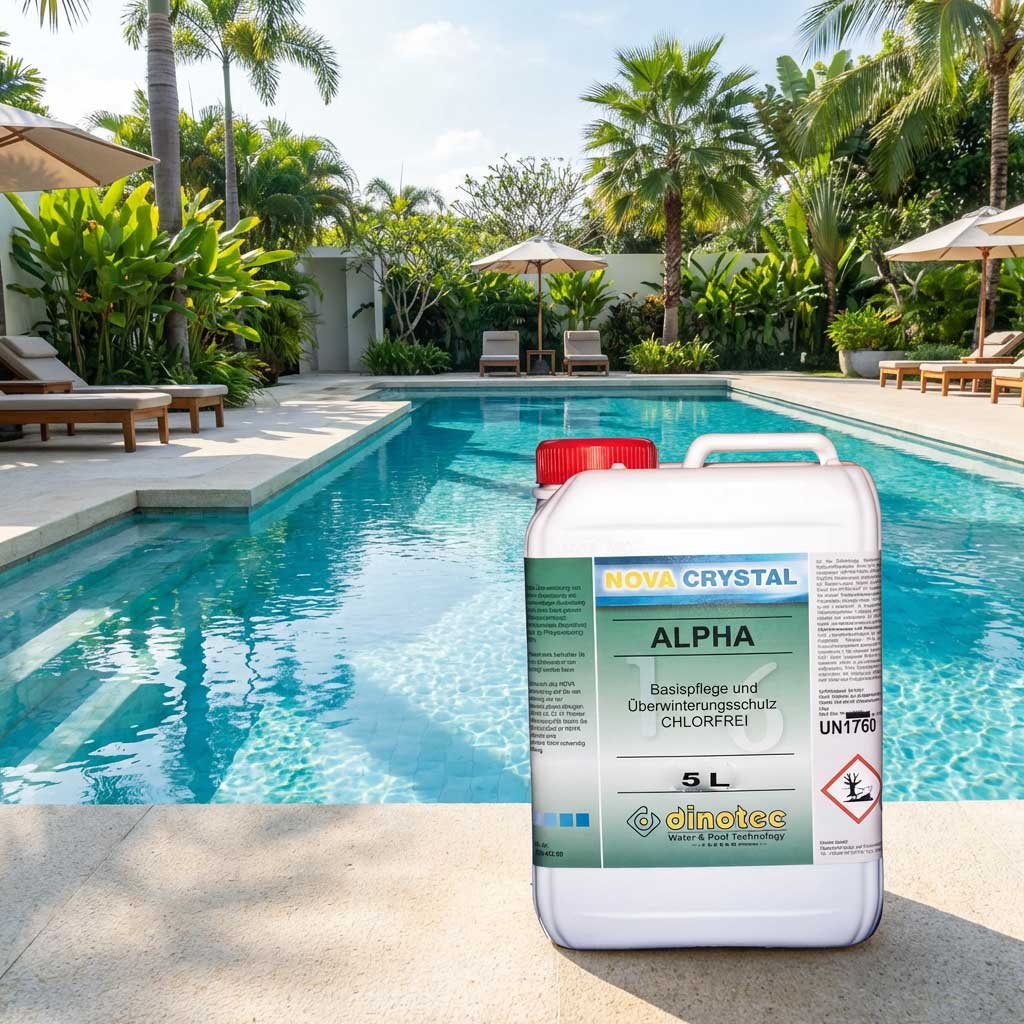 5-Liter-Behälter mit Poolpflegeprodukt neben einem Schwimmbad.