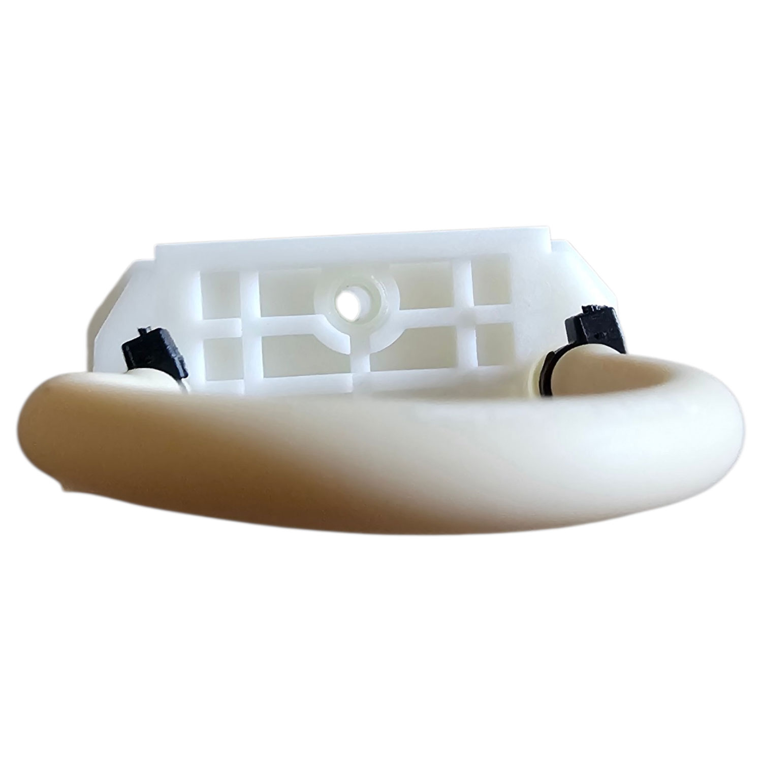 Weißer Poolgriff mit Montagehalterung und schwarzen Clips zur Montage.