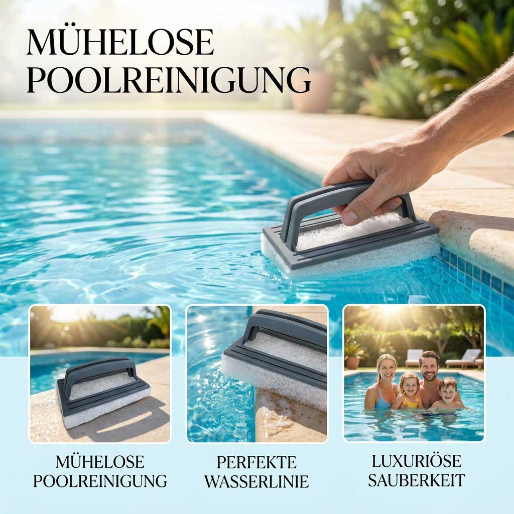 Hand hält ein Poolreinigungswerkzeug in klarem, blauen Wasser.