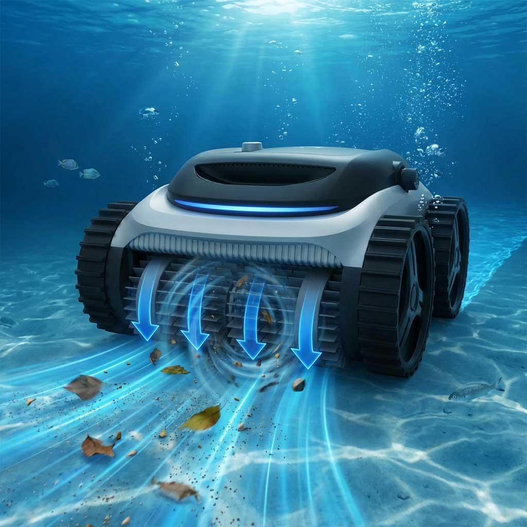 Ein autonomer Poolreiniger-Roboter, der aktiv Schmutz vom Poolboden entfernt.