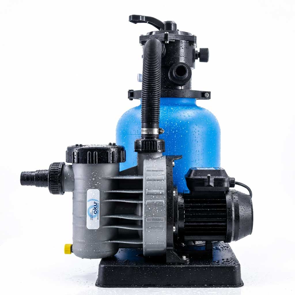 Poolfiltersystem mit Pumpe und blauem Tank zur Wasserzirkulation.