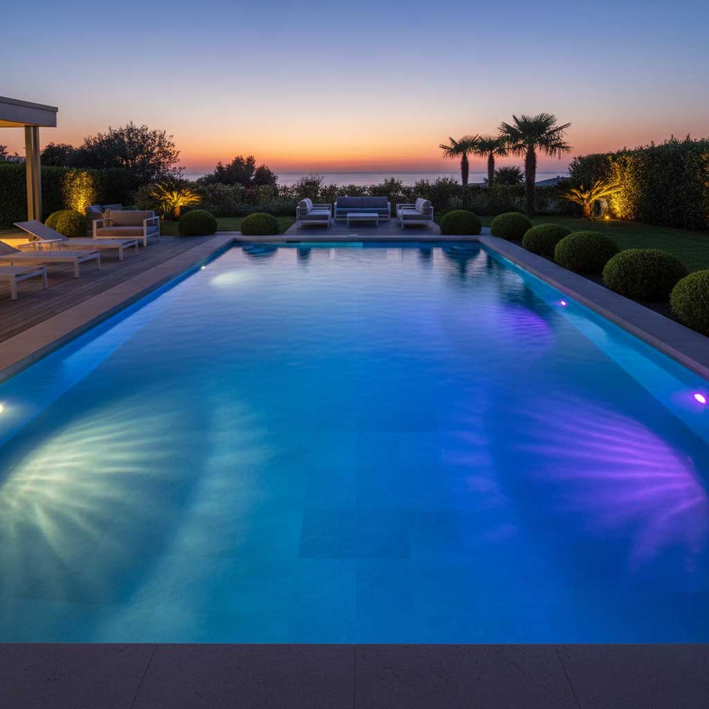 Rechteckiger Swimmingpool mit beleuchtetem Wasser in der Abenddämmerung, ergänzt durch Poolmöbel.