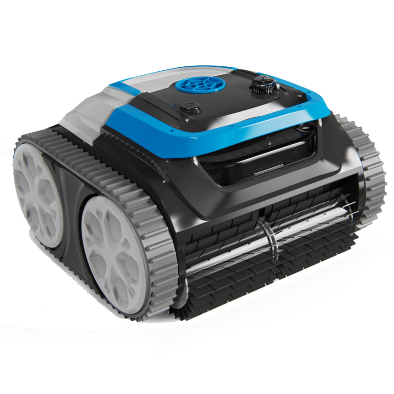 Automatisierter Poolreinigungsroboter mit Doppelspur und Bürsten.