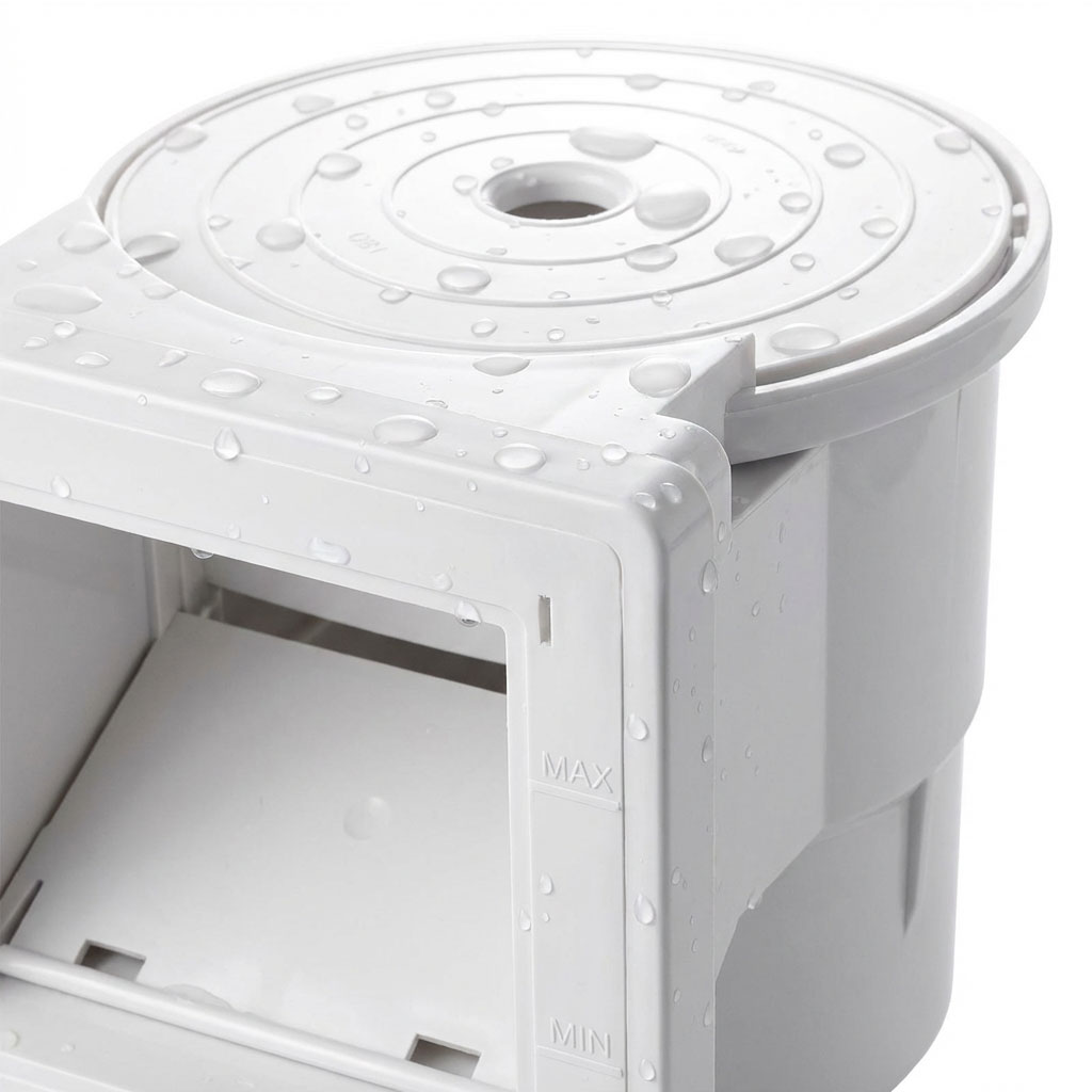 Weißer Wasserbehälter mit Deckel und Messanzeigen für Max. und Min.