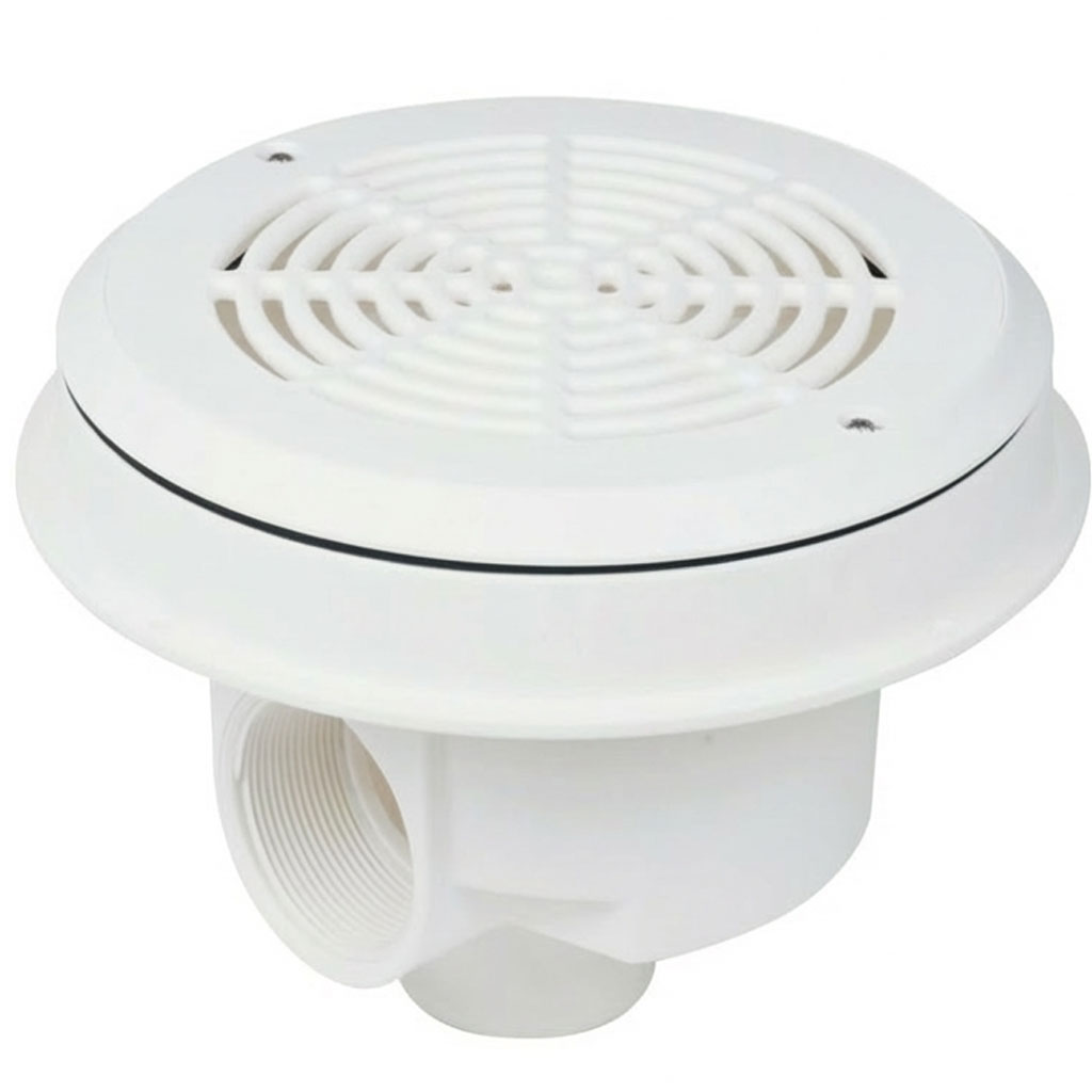 Weiße Pool-Ablaufabdeckung mit kreisförmigem Design und Gewindeanschluss.