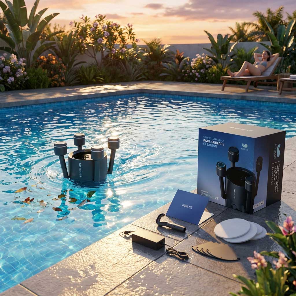 Ein Roboter-Pool-Oberflächenreiniger, der in einem Schwimmbad arbeitet, mit ausgestellter Verpackung und Zubehör.