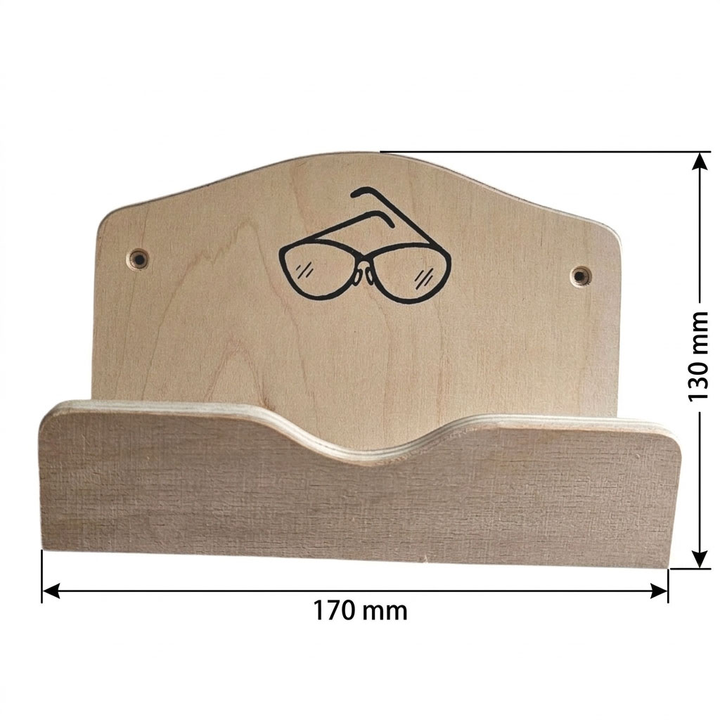 Brillenhalter aus Holz zur Wandmontage mit aufgedrucktem Brillensymbol und Maßlinien.