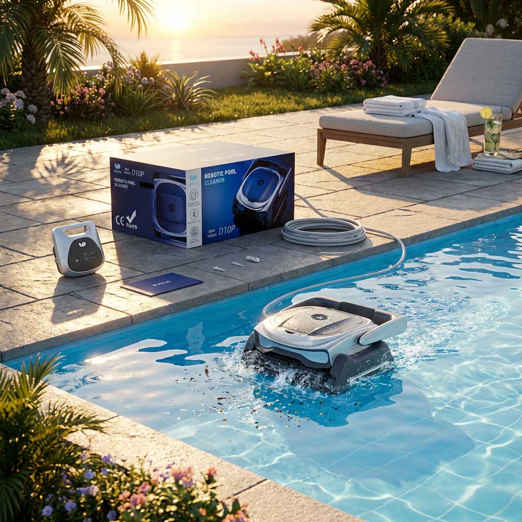 Roboter-Poolreiniger, der in einem Schwimmbad arbeitet, mit Verpackung und Netzteil in der Nähe.