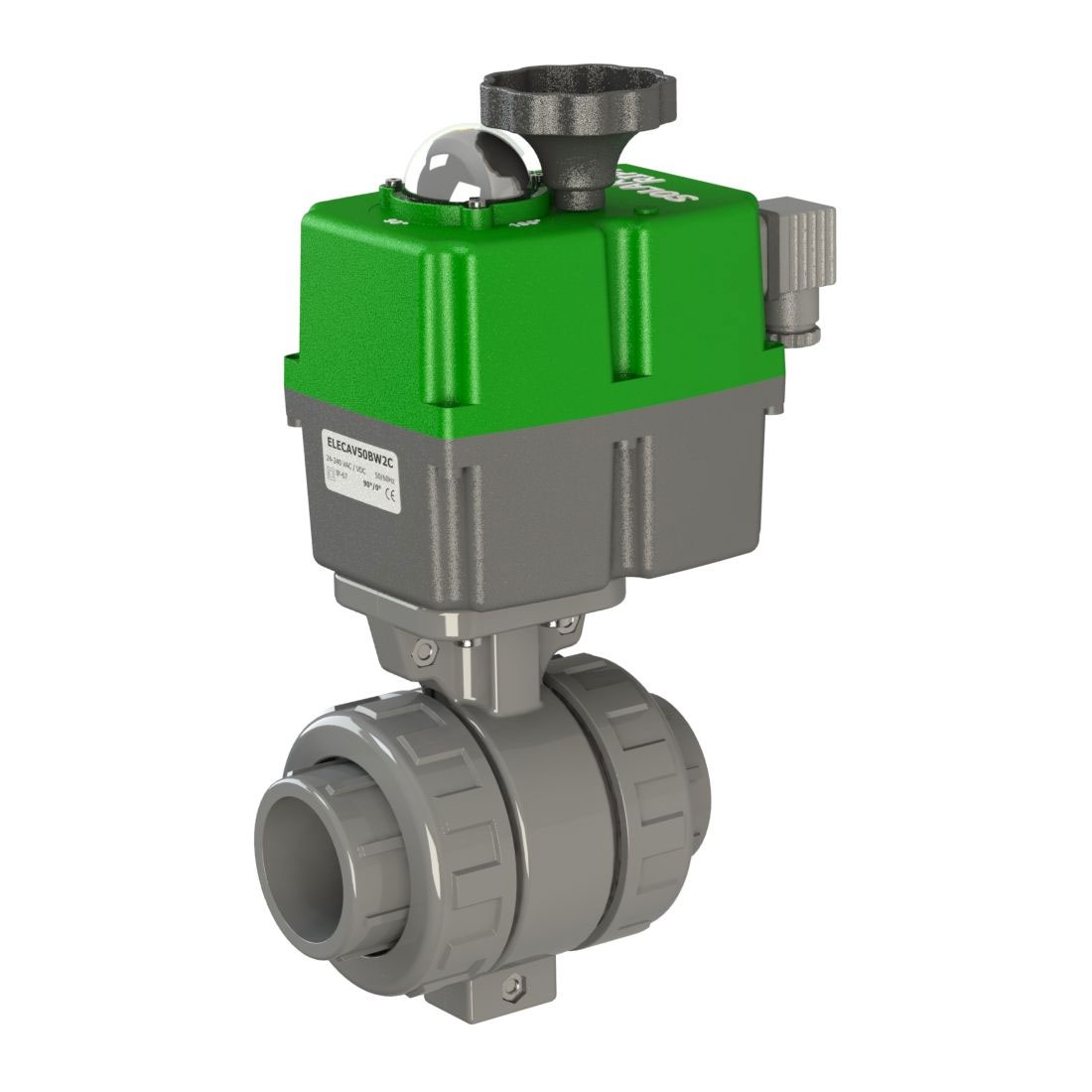 Bild eines grün-grauen elektrischen Stellventils, das in Flüssigkeitskontrollsystemen verwendet wird, Dreiviertelansicht.