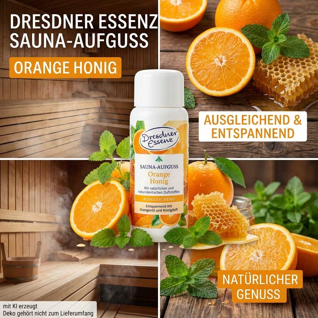 Eine Flasche Saunaaufguss mit Orangen und Honig auf einem hölzernen Untergrund.