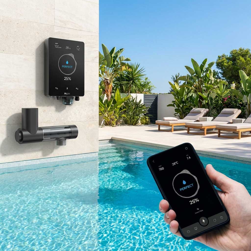 Digitaler Poolwassermonitor mit Smartphone-Steuerung am Schwimmbad.