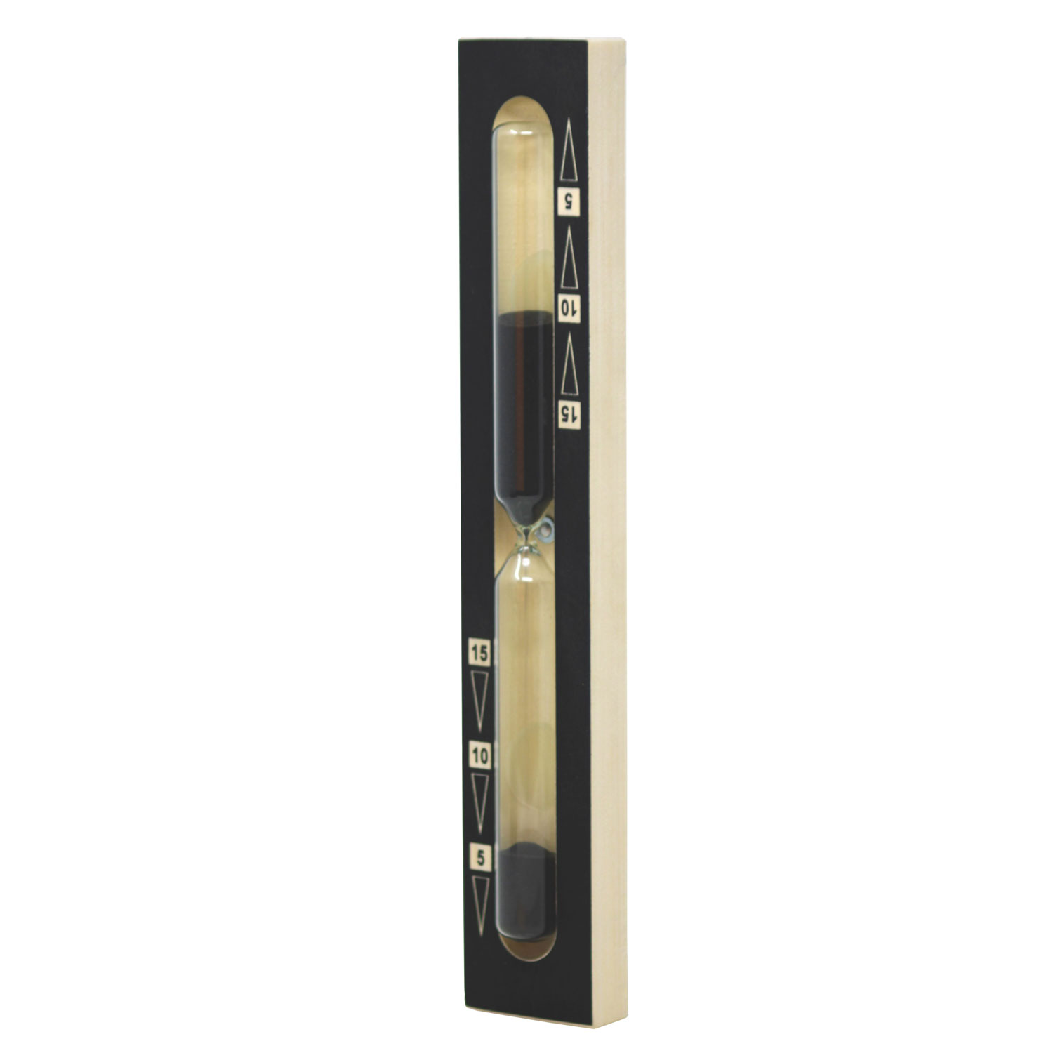 Eine Sauna-Sanduhr mit schwarzer Frontplatte und dunklem Sand auf einem hellen Holzrahmen.