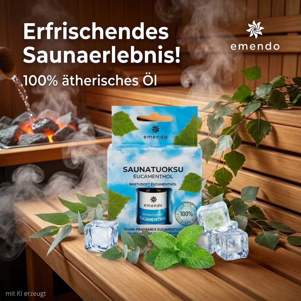 Eine Flasche Saunaöl in einer Produktverpackung mit Eiswürfeln auf einer Holzbank.