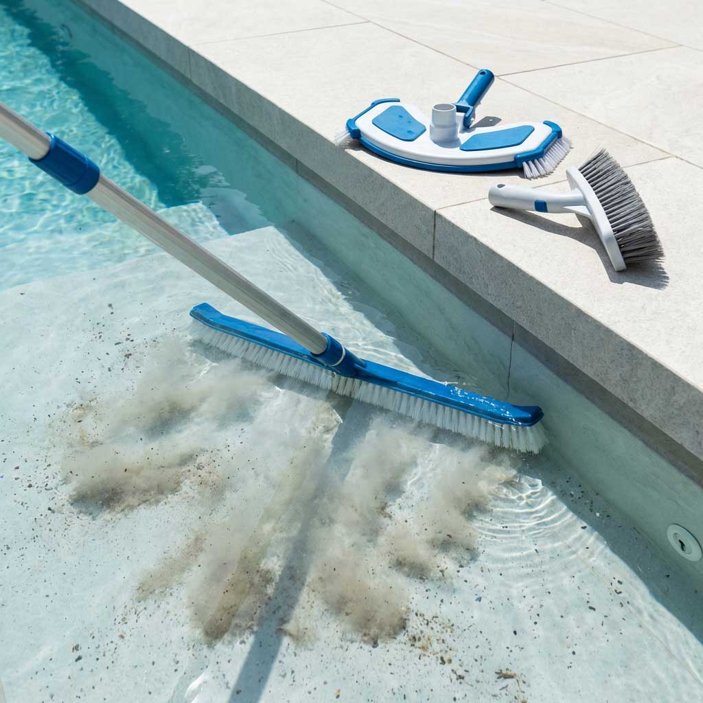 Poolpflege mit Reinigungsbürsten und Teleskopstange, Sedimente im Wasser sichtbar.