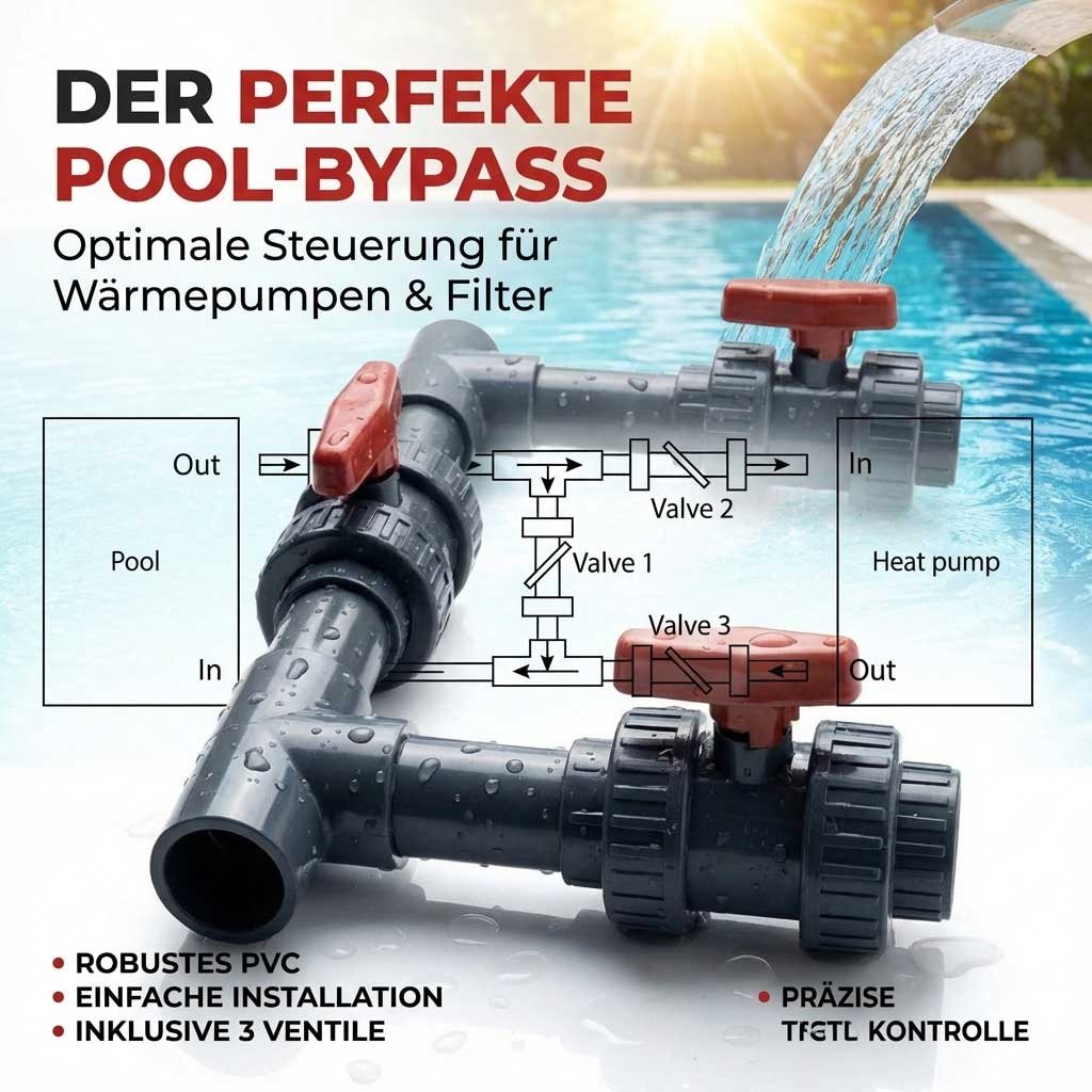 Pool-Bypass-System mit Ventilen zur optimalen Wärmepumpensteuerung.