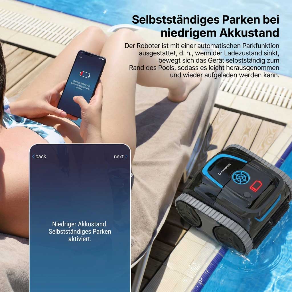 Poolreinigungsroboter am Rand eines Schwimmbeckens mit Smartphone.