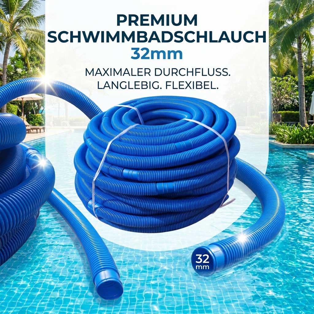 Blauer Schwimmbadschlauch aufgerollt mit einem Durchmesser von 32 mm.