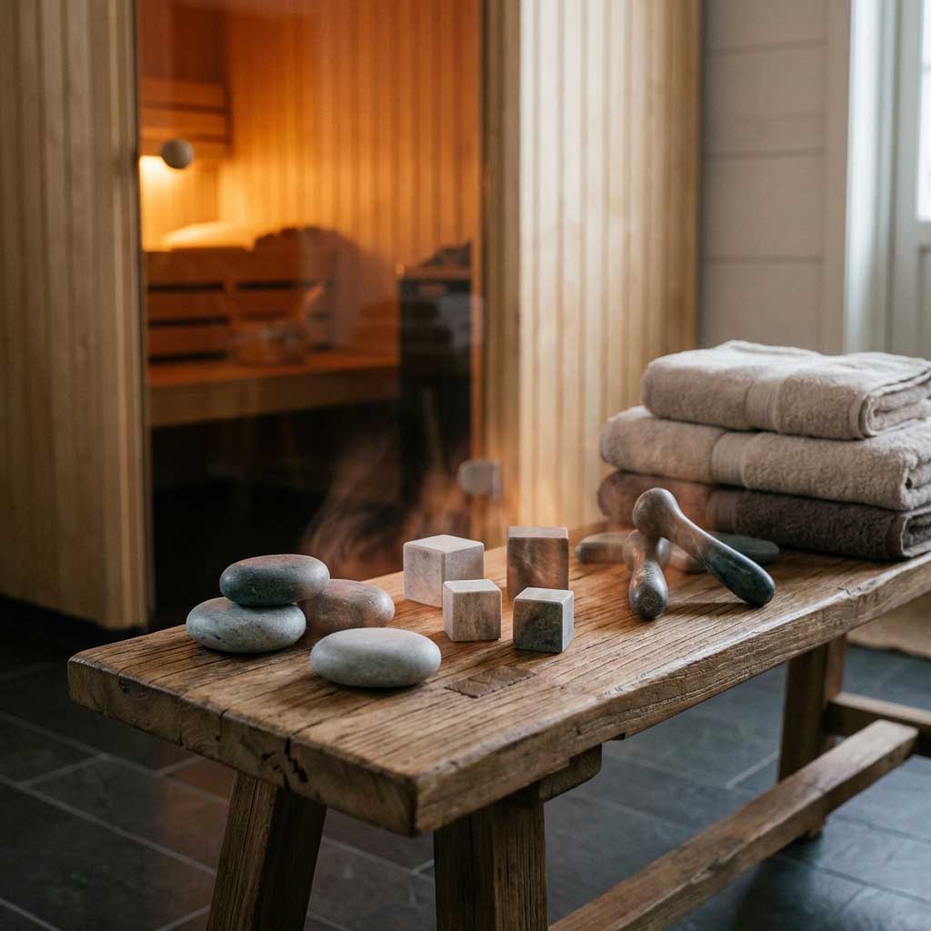 Saunalandschaft mit Holzbank, Handtüchern, Steinen und Saunautensilien für Entspannung und Wohlbefinden.