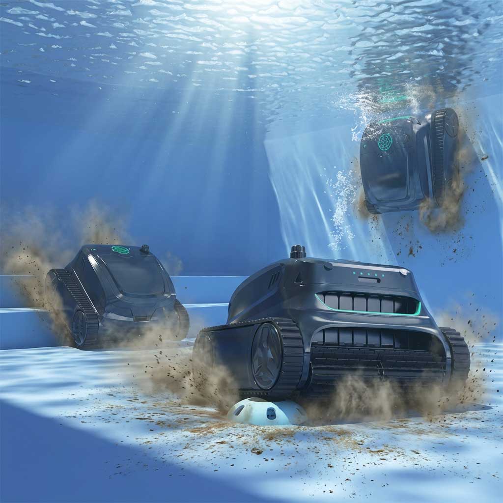 Drei Roboter-Poolreiniger, die unter Wasser arbeiten und Schmutz aufwirbeln.