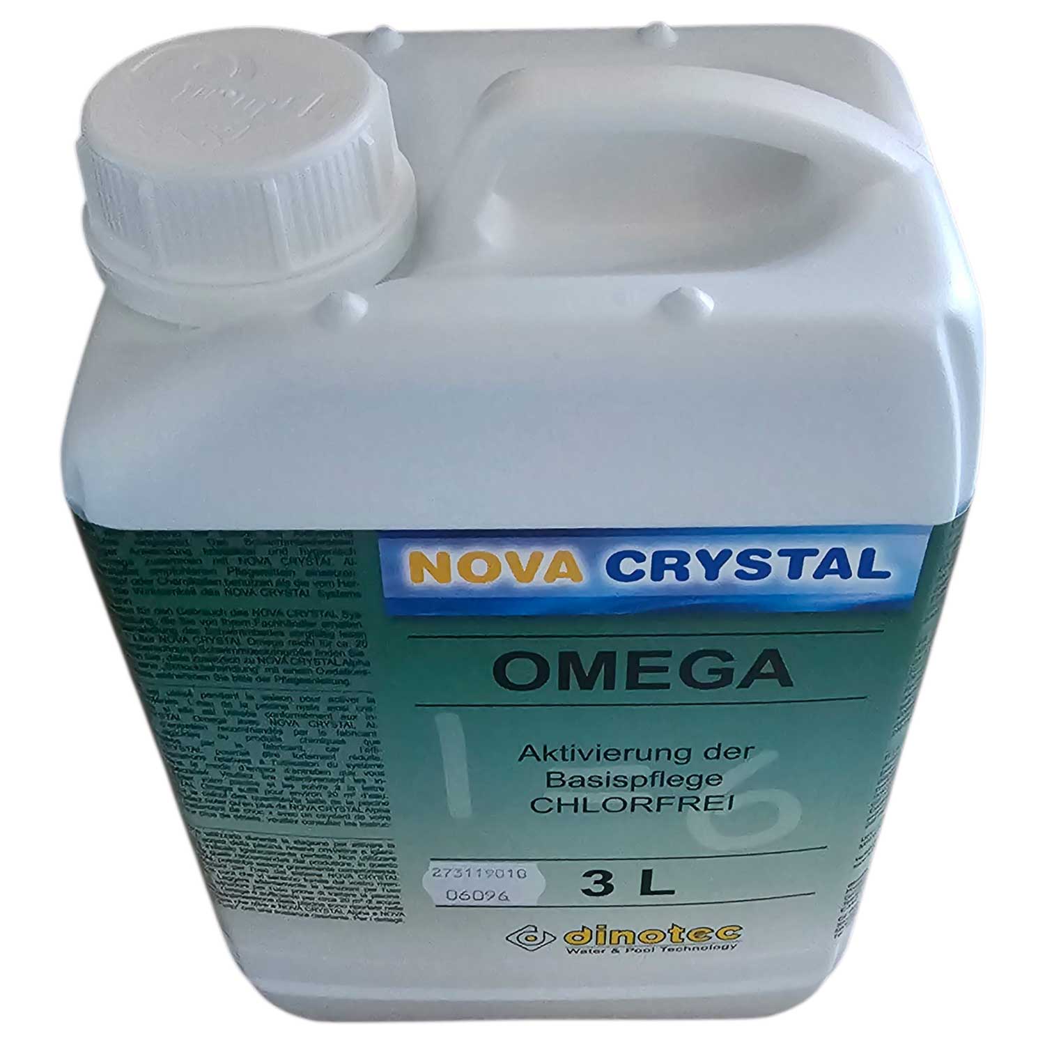 Bild einer 3-Liter-Flasche Nova Crystal Omega, einem chlorfreien Poolpflegeprodukt.