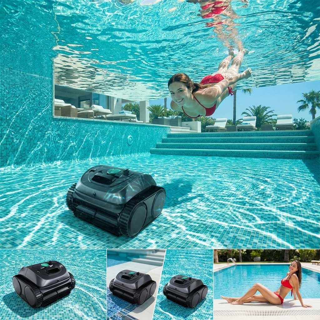 Schwimmbad mit einem Roboterreiniger, der unter Wasser arbeitet.