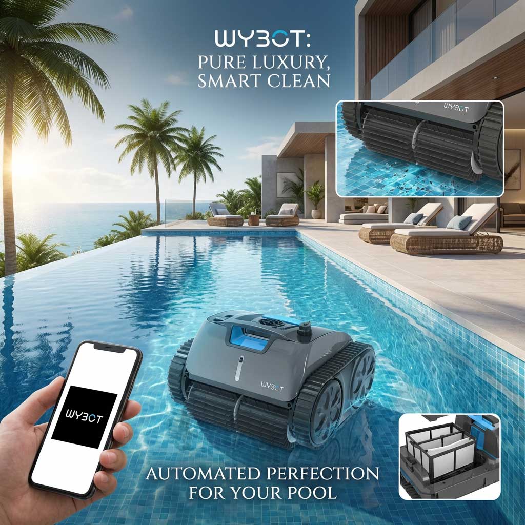 Roboter-Poolreiniger, der in einem luxuriösen Infinity-Pool mit einer Smartphone-Steuerungsschnittstelle arbeitet.