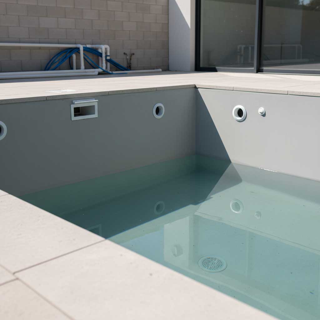 Rechteckiger Swimmingpool, der seine Unterwassereigenschaften und die umliegenden Fliesenarbeiten zur Geltung bringt.