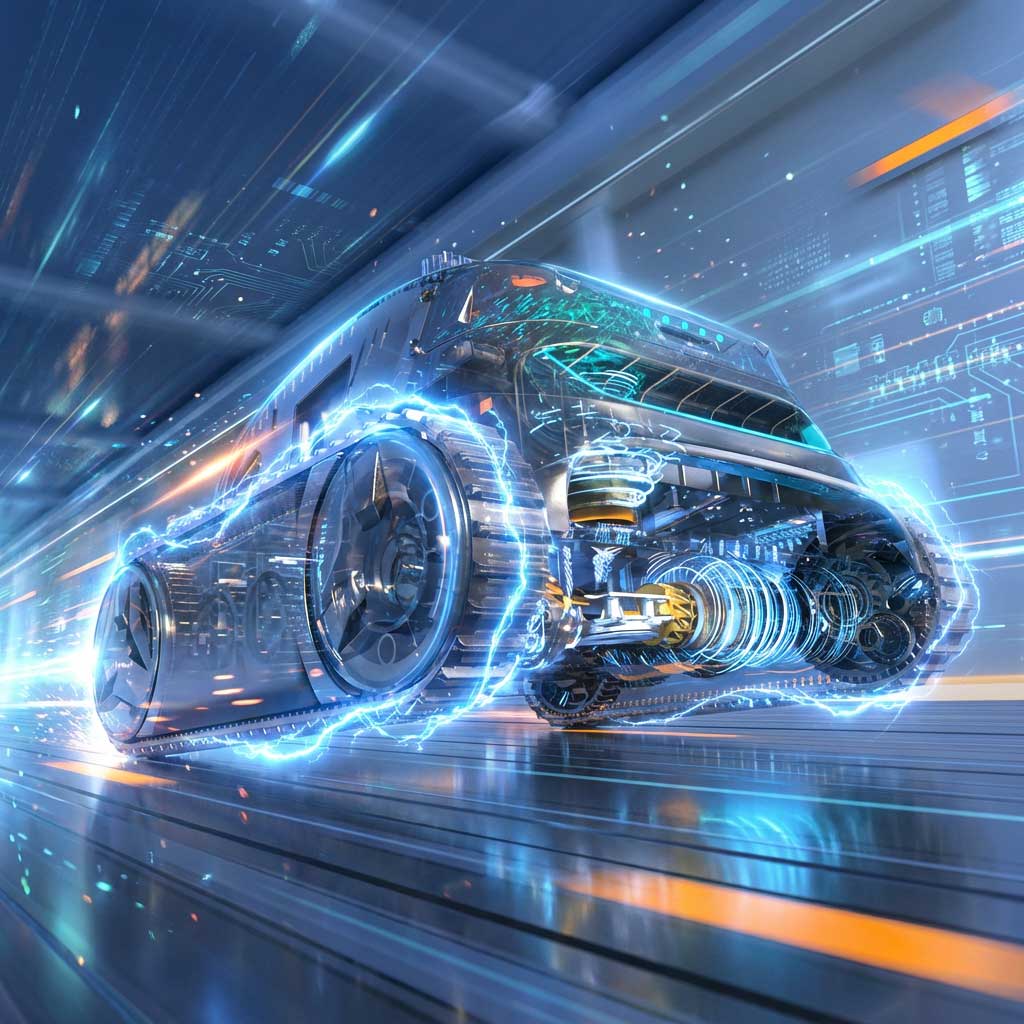 Futuristisches Elektrofahrzeug mit leuchtenden Rädern in Bewegung.