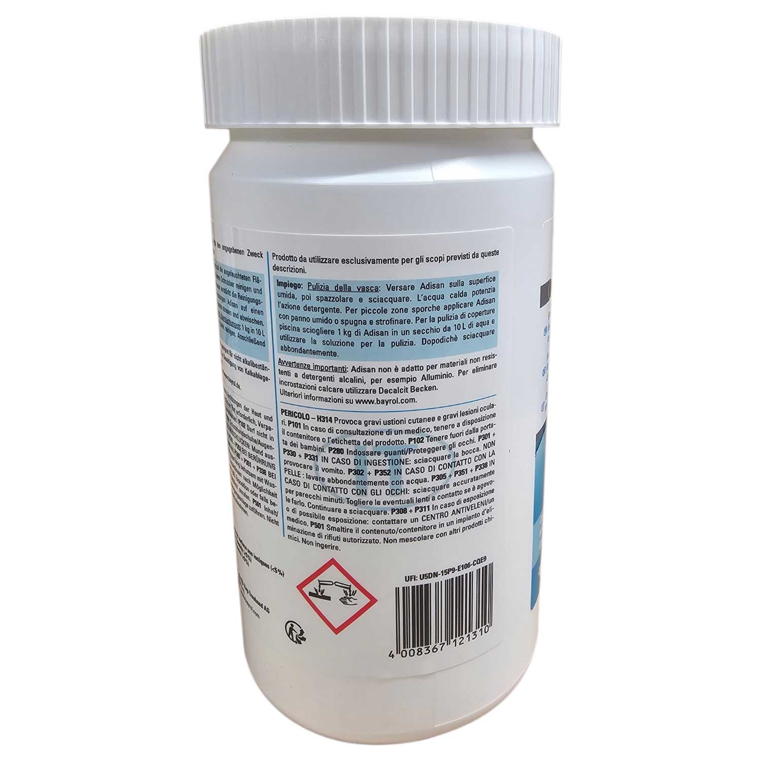 Behälter mit Reinigungsmittel mit Sicherheitshinweisen und Gebrauchsanweisungen.