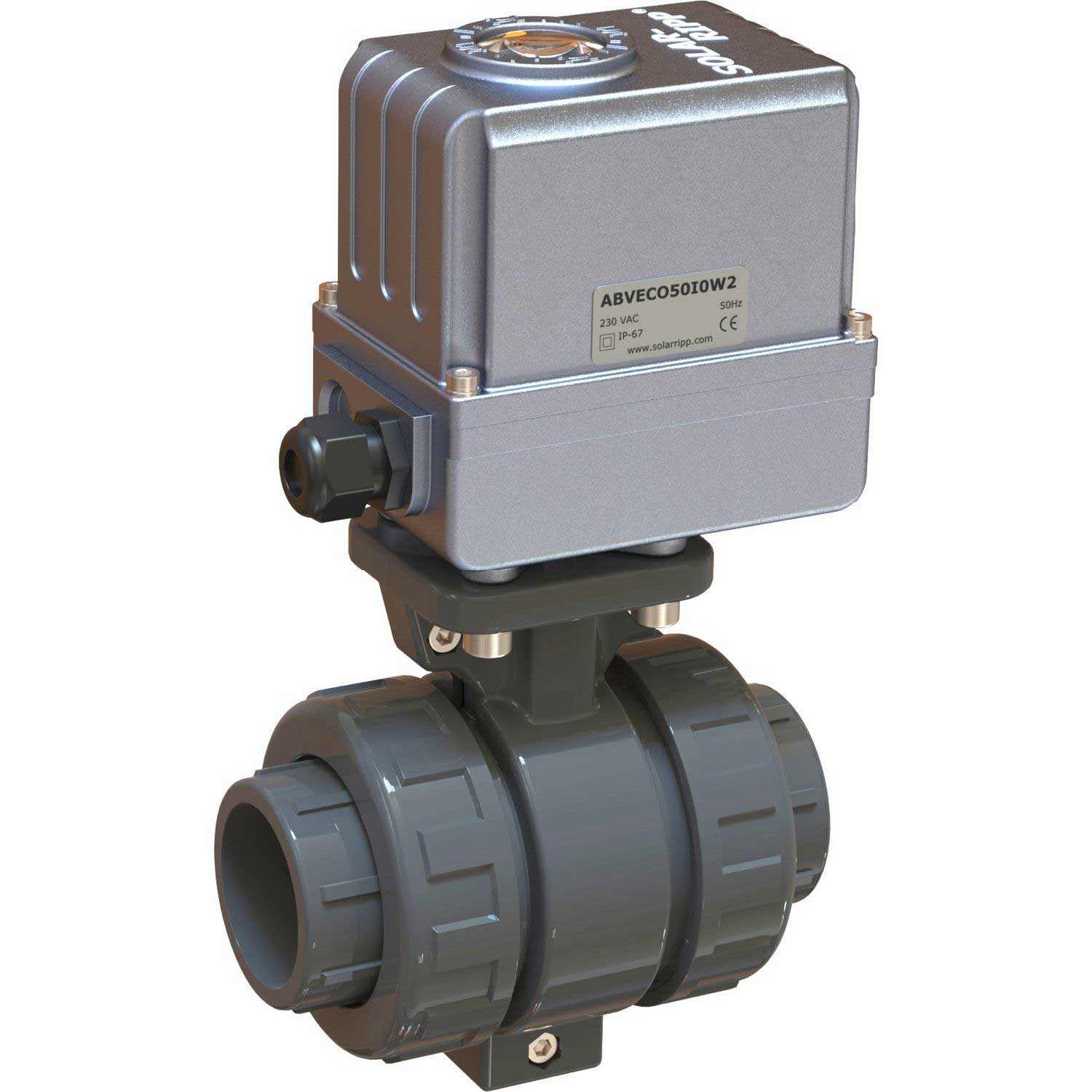 Automatisierte Kugelhahnbaugruppe mit elektrischem Stellantrieb, Ventilkörper und elektrischer Steuereinheit dargestellt.