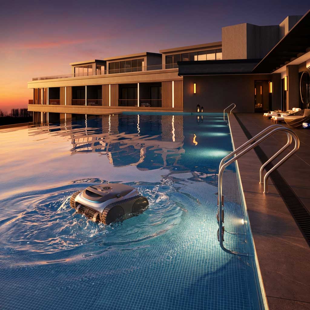 Ein Roboter-Poolreiniger arbeitet in der Abenddämmerung in einem großen, beleuchteten Schwimmbad neben einem modernen Gebäude.