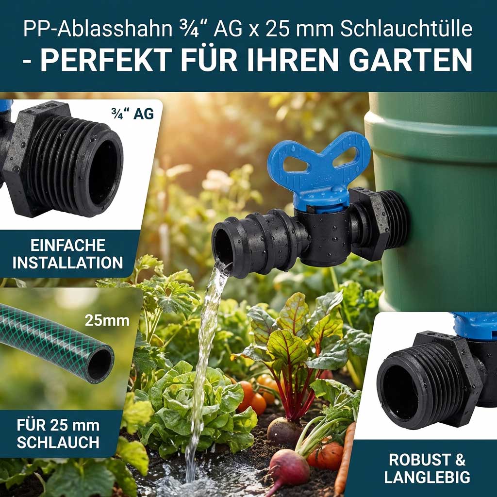 PP-Ablaufventil mit 3/4" AG und 25 mm Schlauchanschluss für den Gartengebrauch.