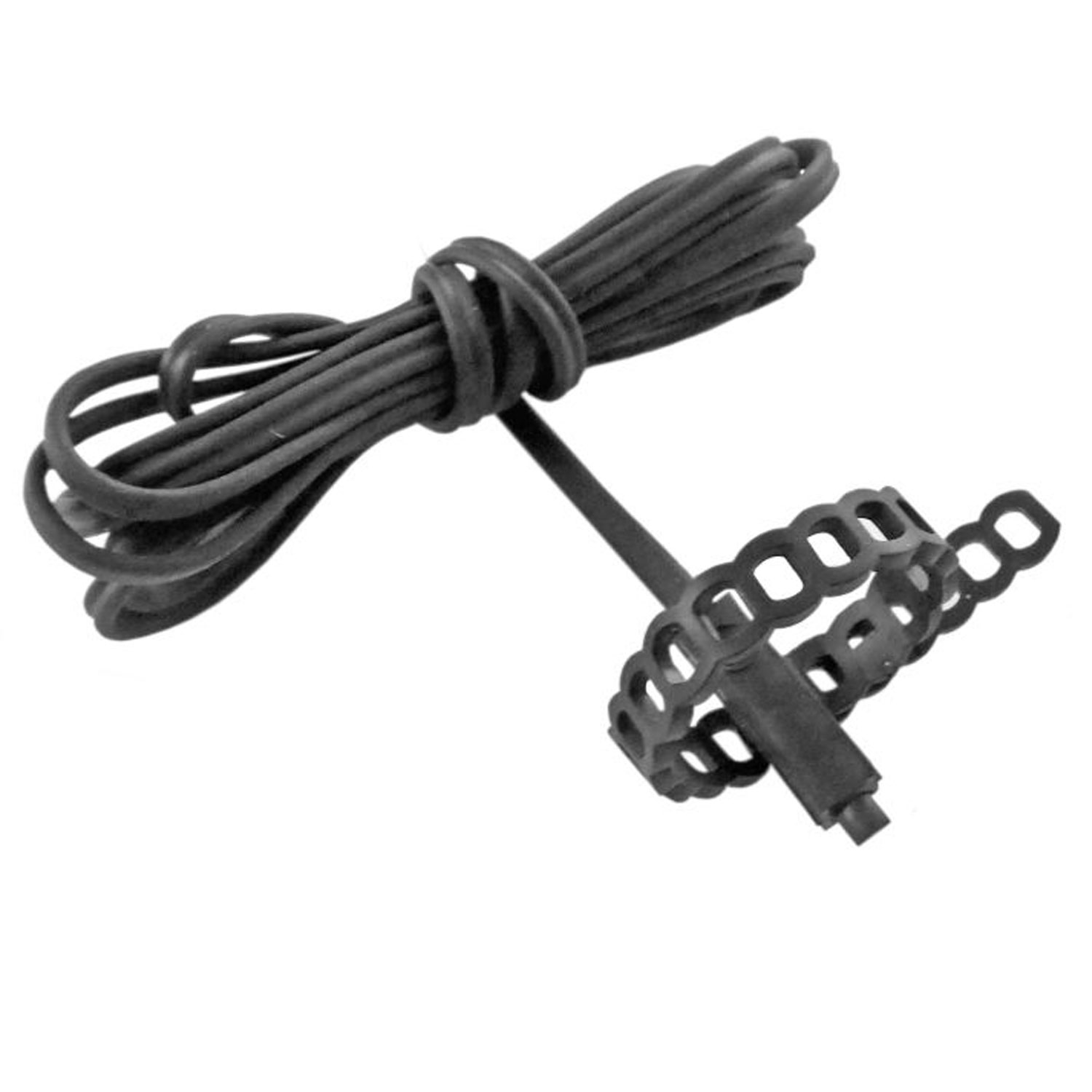 Schwarzer Baumbinder aus Kunststoff mit befestigter gerollter Kordel.