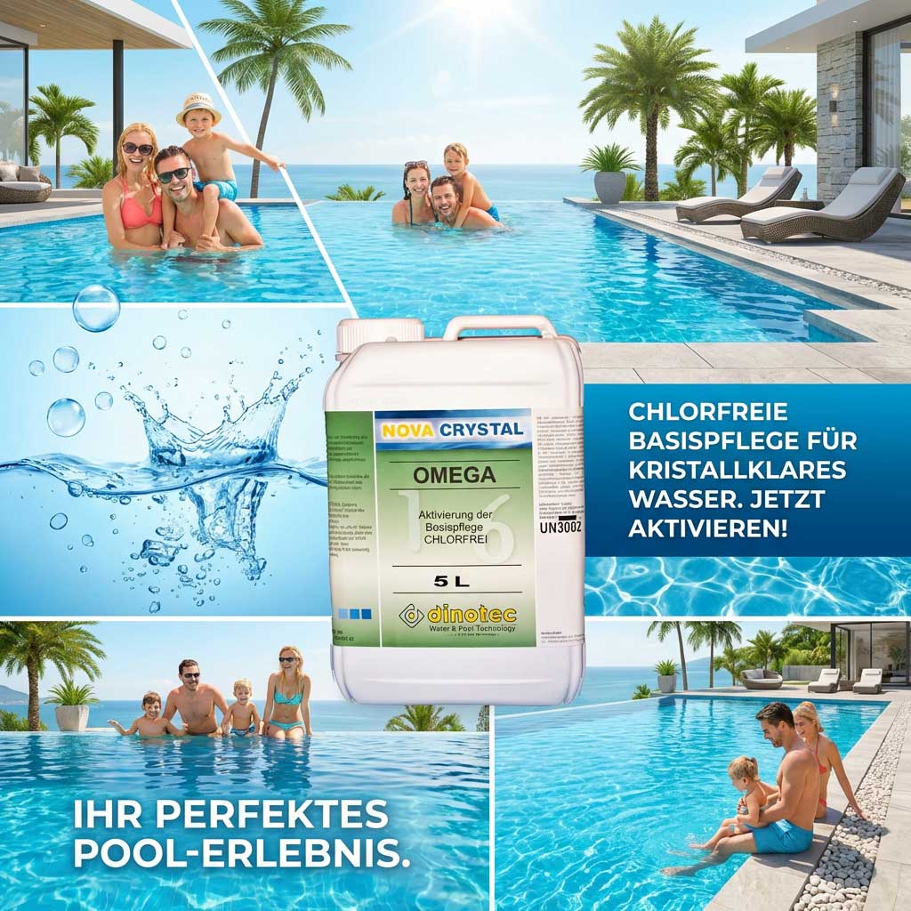 Chlorfreie Poolbehandlungsflasche neben einem Familienschwimmen.