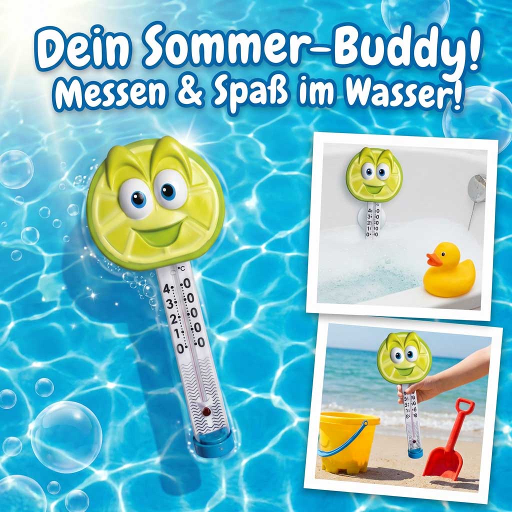 Buntes Wasserthermometer mit lächelndem Zitronen-Design zum Messen der Temperatur.