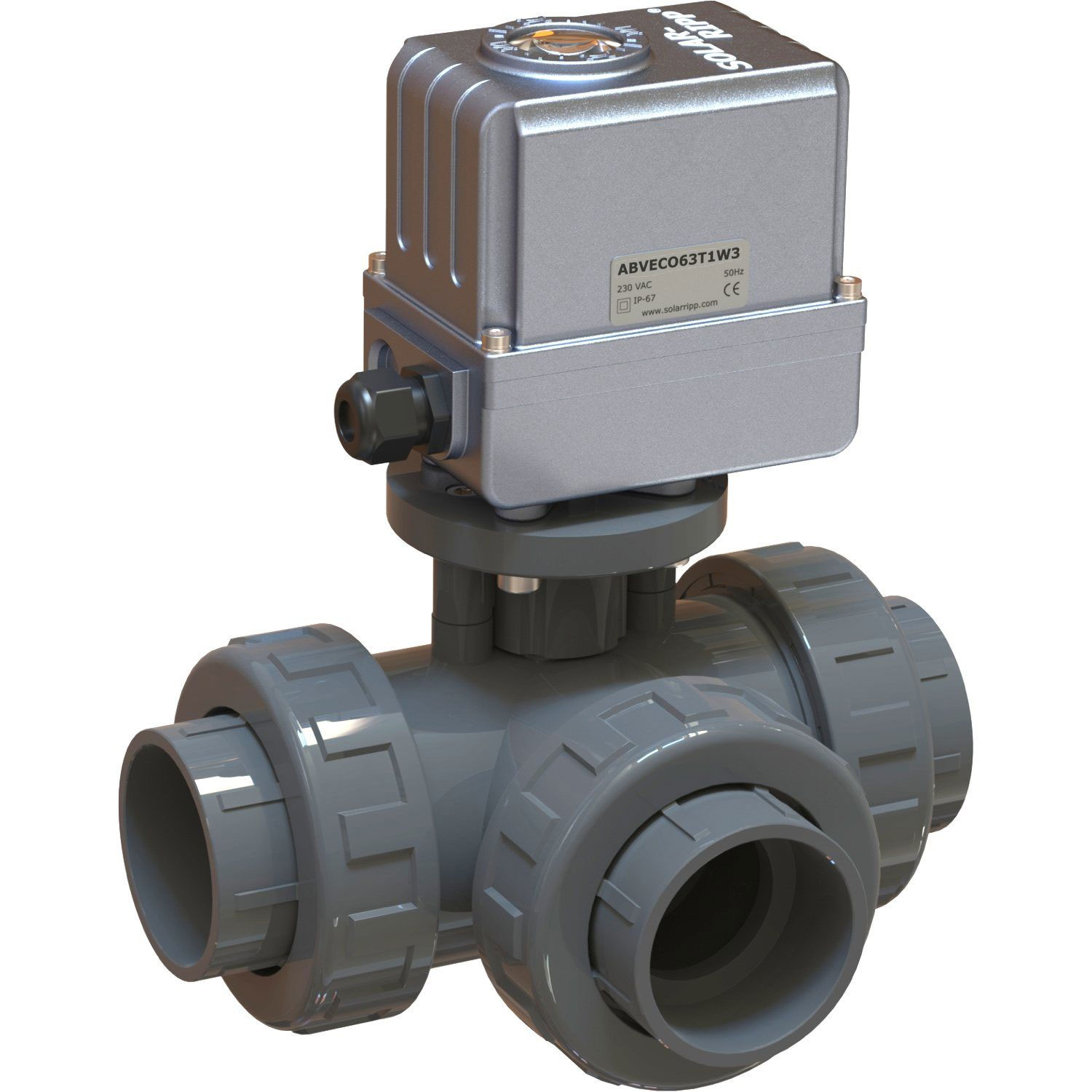 Bild eines grauen Dreiwegeventils mit oben montiertem elektrischen Stellantrieb für industrielle Anwendungen.