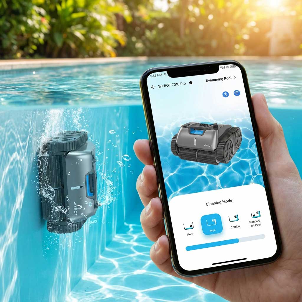 Ein Roboter-Poolreiniger, der mit einer Smartphone-App in einem Schwimmbad arbeitet.