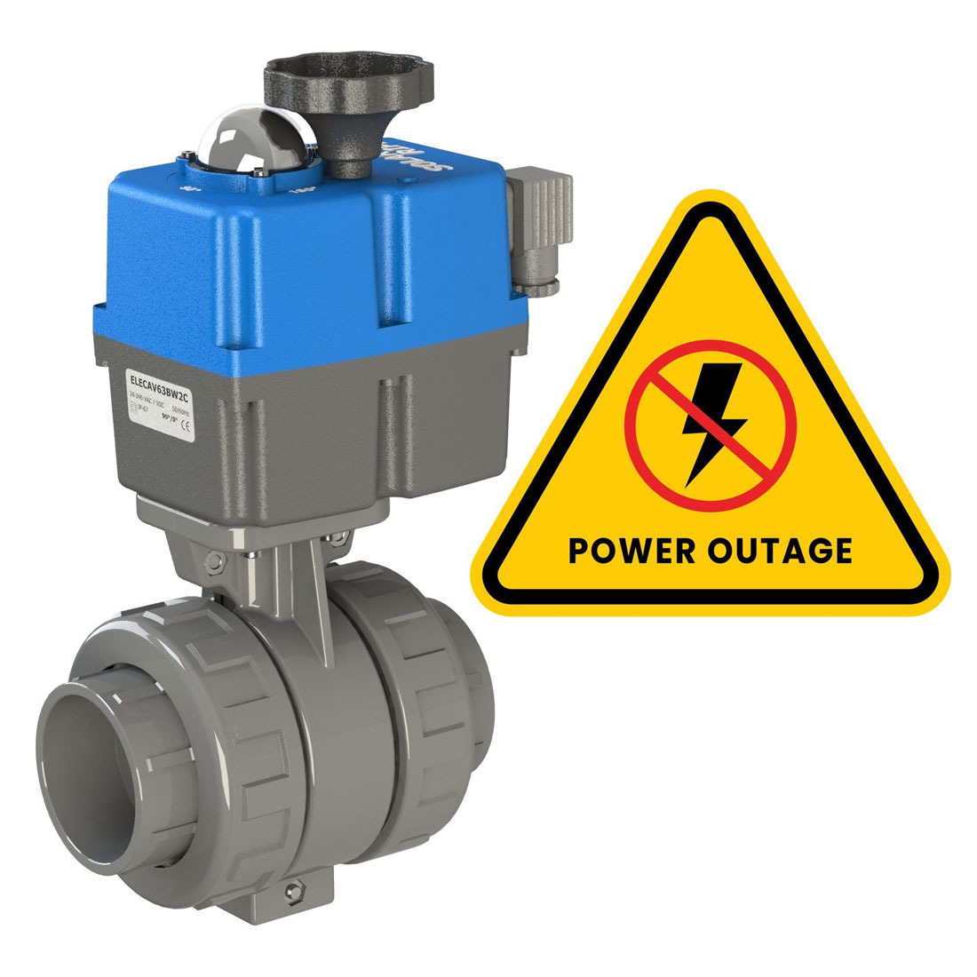 Elektrisch betätigtes Ventil mit einem daneben abgebildeten Warnschild für einen Stromausfall.