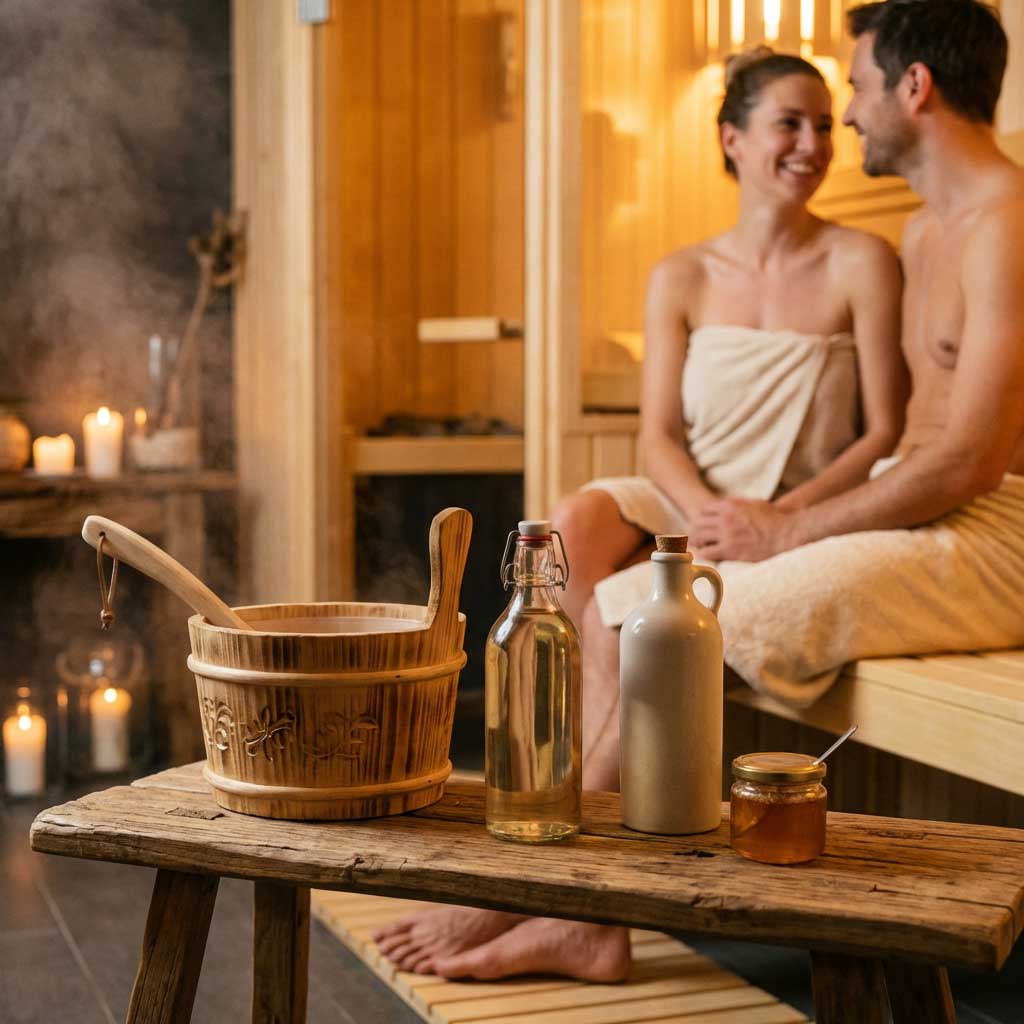 Bild zeigt eine Sauna mit Paar, Holzeimer, Löffel, Flaschen, Honig. Konzentrieren Sie sich auf den Holzeimer.